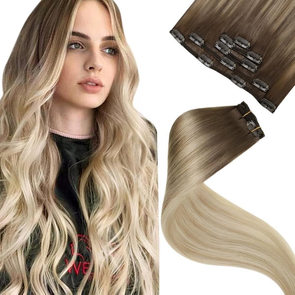 Clip in Hair Extensions Human Hair Blonde Ombre 18 Inch Natural Shine
